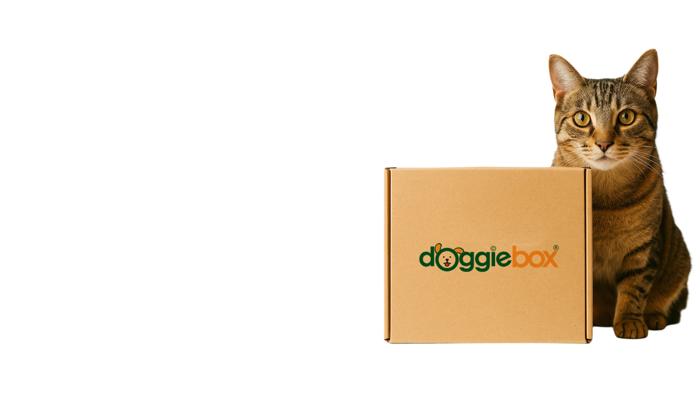 Cat peeking out from behind a cardboard box with 'doggiebox' logo on a white background