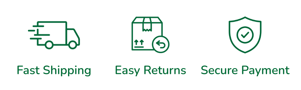 Icons and text for fast shipping, easy returns, and secure payment on a white background